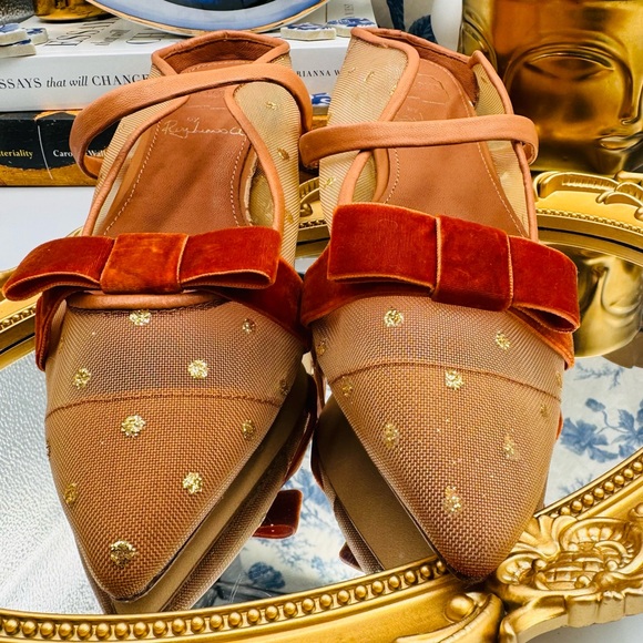 🆕 MALONE SOULIERS 🧿 BNWOB Tan Mesh Mules with Brown Velvet Bow Size 36 - 6 - Picture 14 of 16
